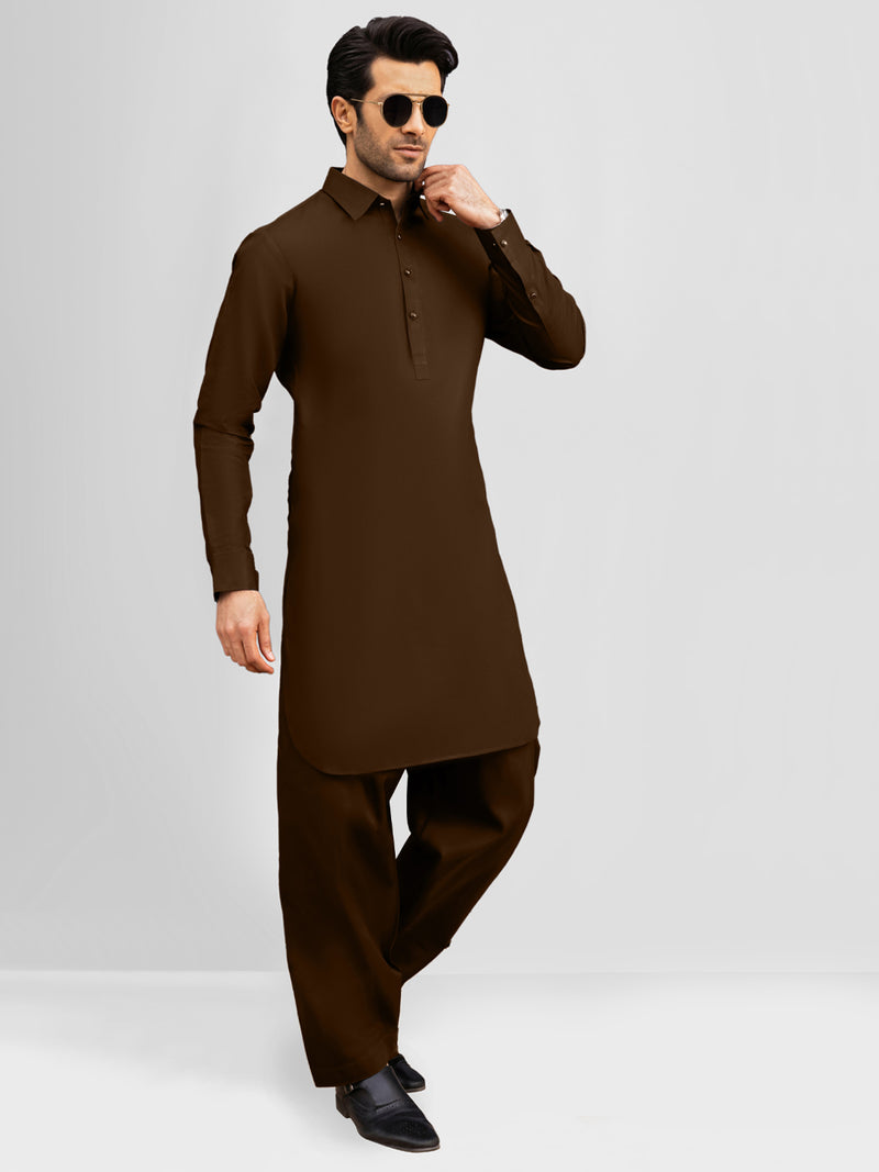 Brown Cotton Kameez Shalwar | PMKS-10008