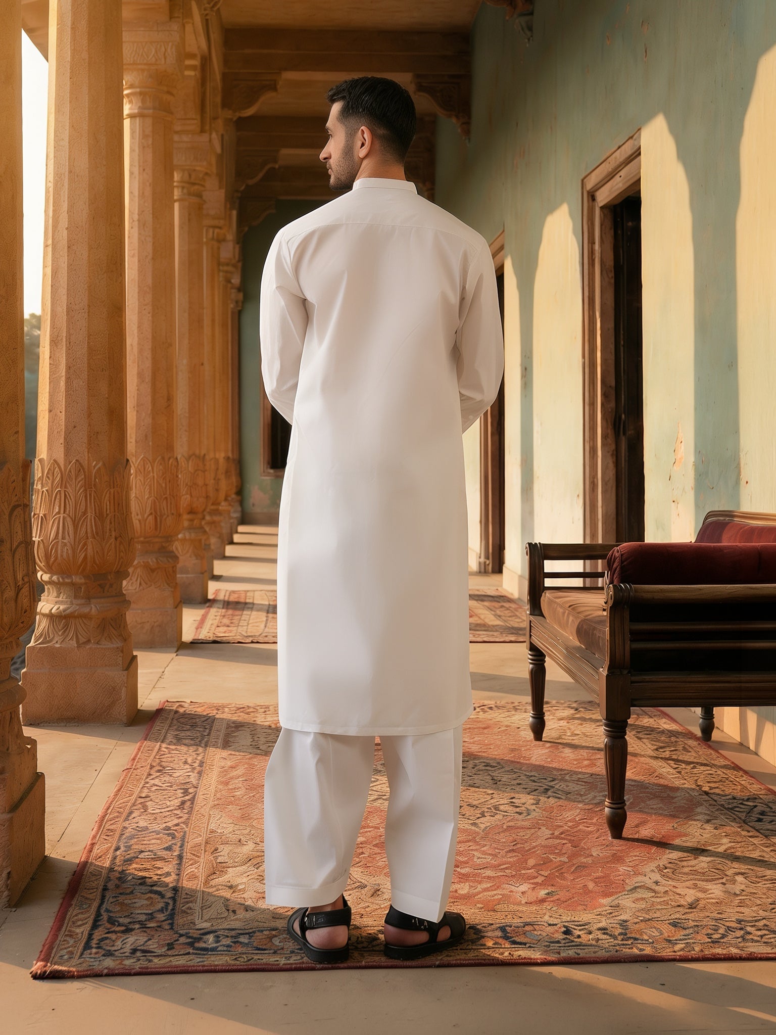 White Latha Unstitched Fabric | PMU-10159BX