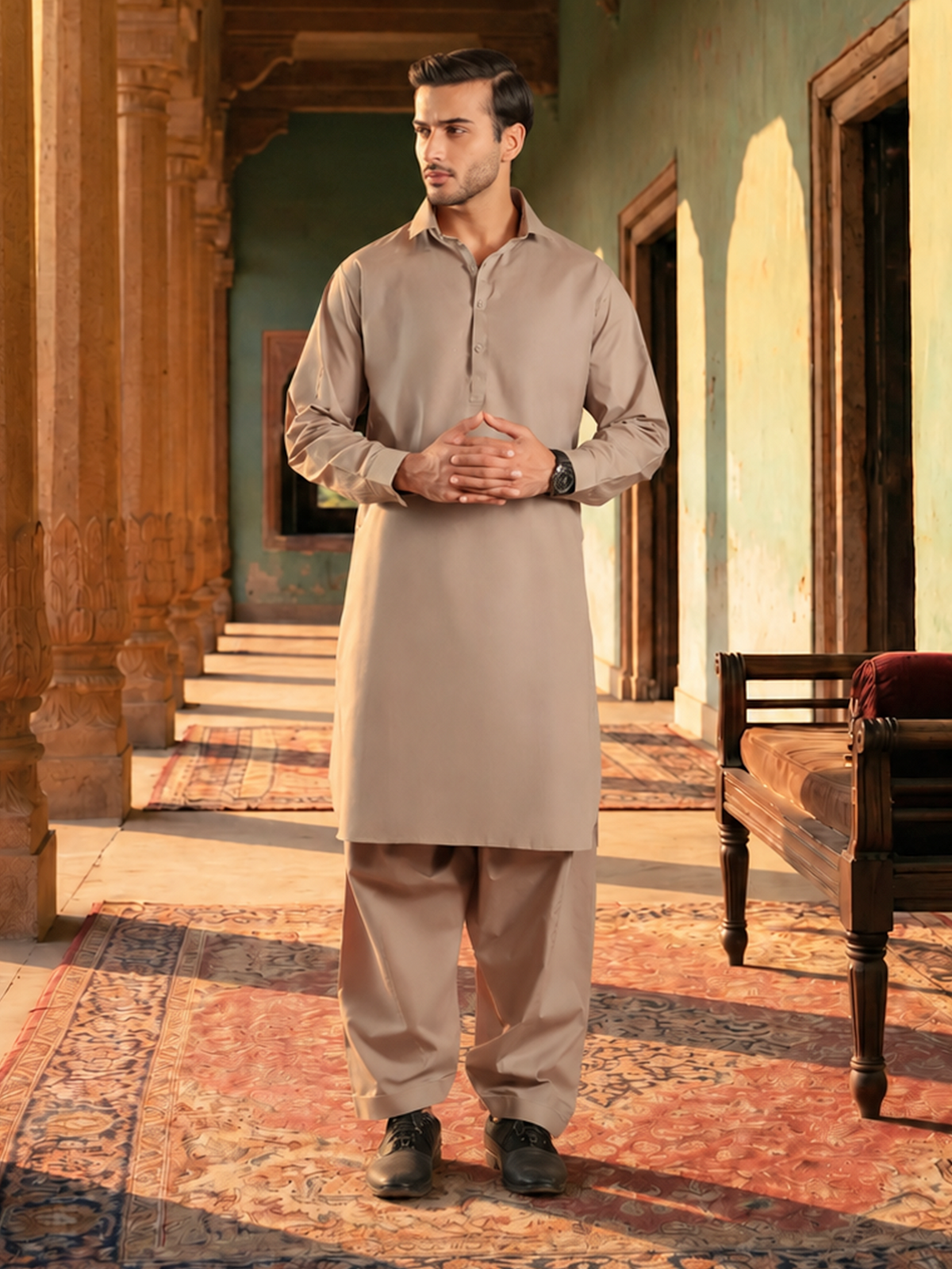 Brown Latha Unstitched Fabric | PMU-10165BX