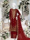 Red Chiffon Embroidered 3 Piece Unstitched Suit | PJ-PWU-2406