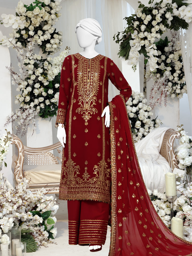 Red Chiffon Embroidered 3 Piece Unstitched Suit | PJ-PWU-2406