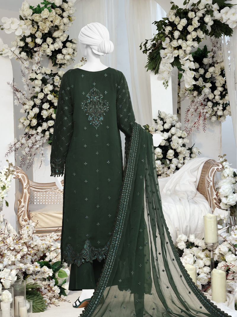 Dark Green Chiffon Embroidered 3 Piece Unstitched Suit | PJ-PWU-2404