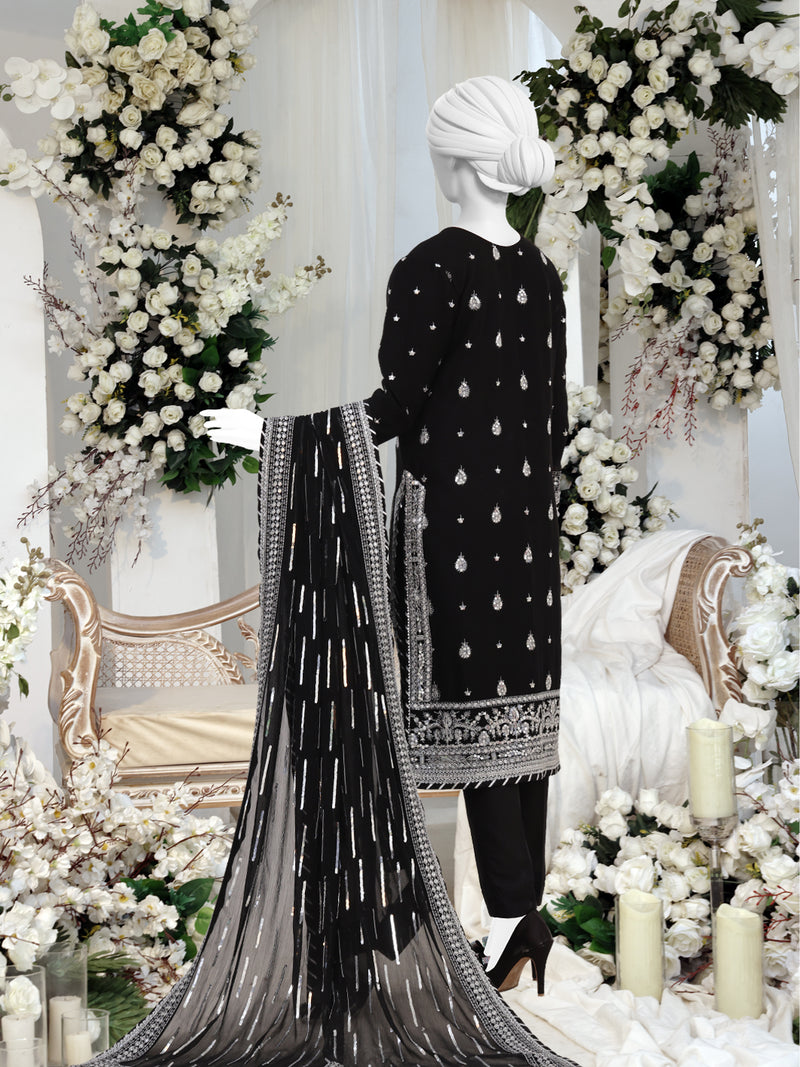 Black Chiffon Embroidered 3 Piece Unstitched Suit | PJ-PWU-2401