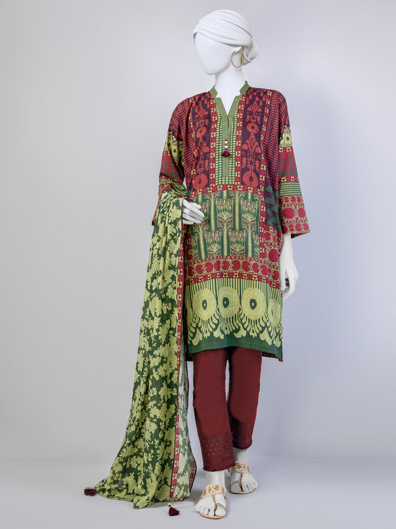 Green Maroon Lawn 3 Piece Stitched Suit | PLS-24-7505