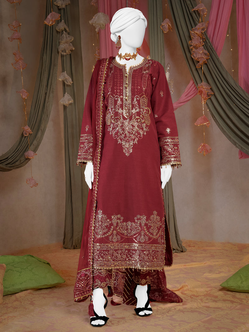 Party Wear Embroidered 3Pc Unstitched Suit | PJ-PWU-240834