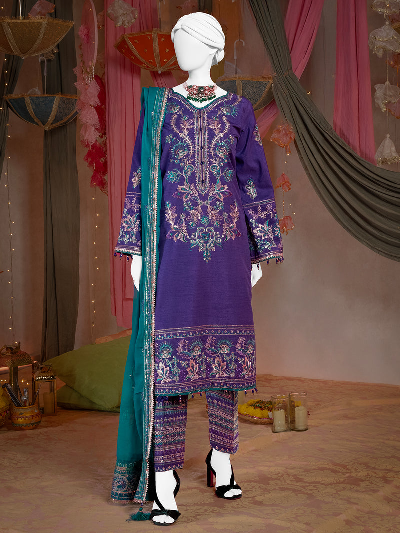 Party Wear Embroidered 3Pc Unstitched Suit | PJ-PWU-240840