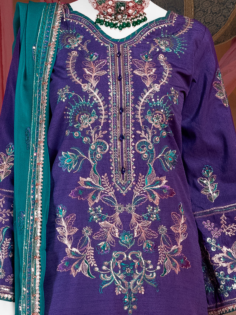 Party Wear Embroidered 3Pc Unstitched Suit | PJ-PWU-240840