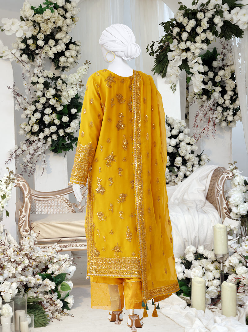 Mustard Chiffon Embroidered 3 Piece Unstitched Suit | PJ-PWU-2407