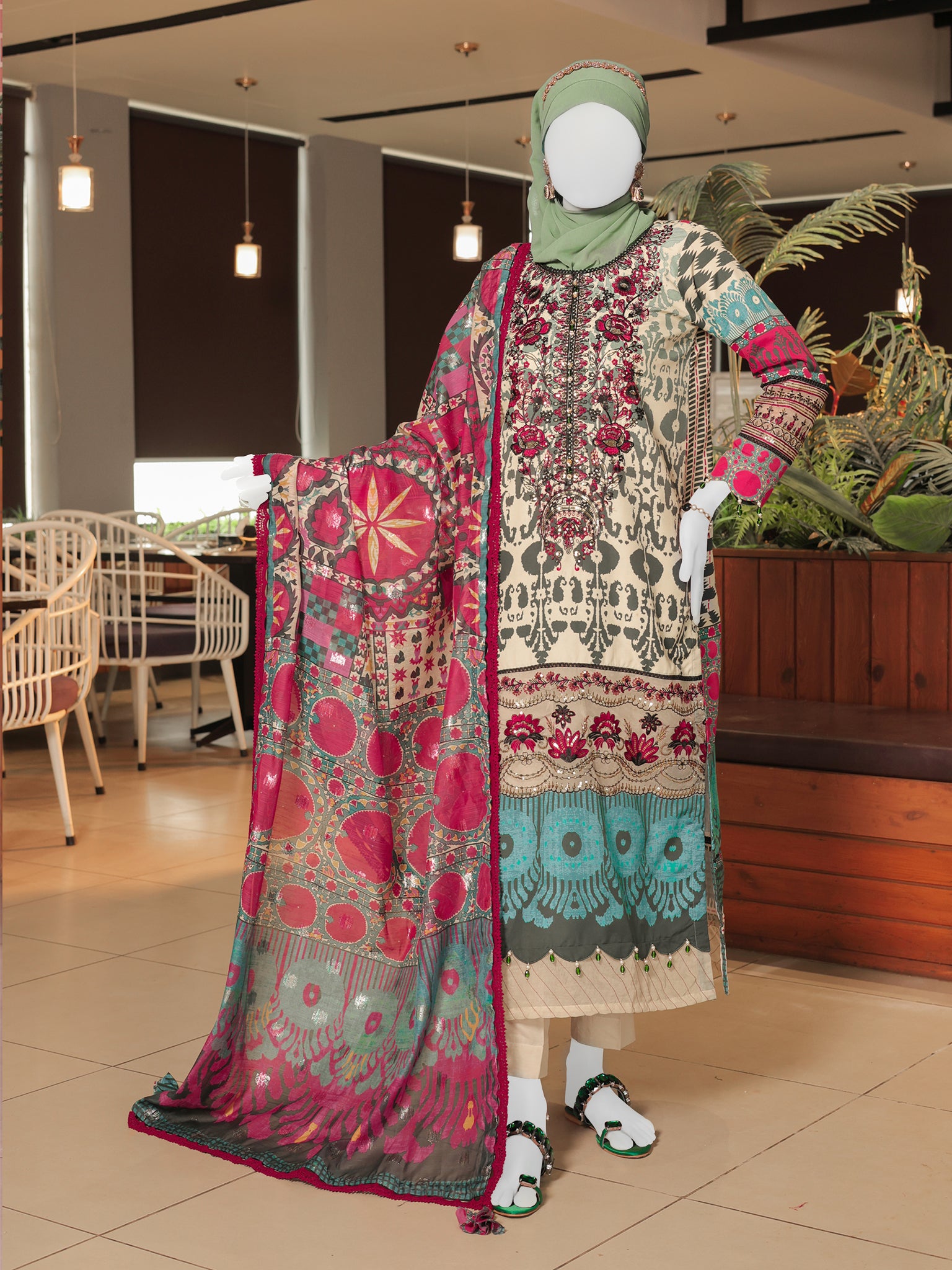 Green Embroidered 3Pc Stitched Suit | PLS-24-7580
