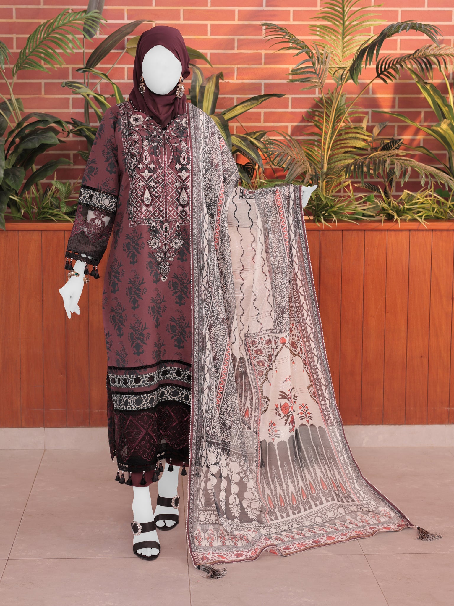 Red Embroidered 3Pc Stitched Suit | PLS-24-7584