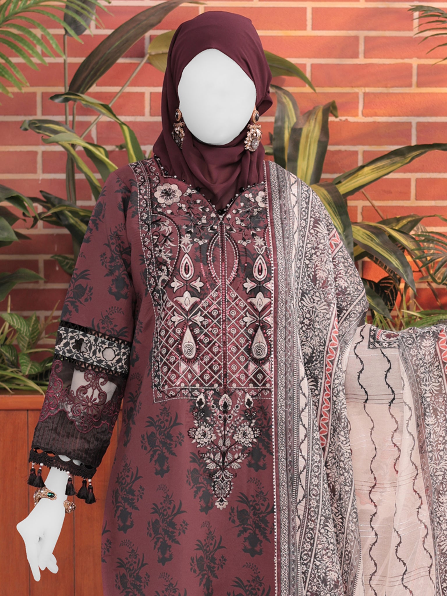Red Embroidered 3Pc Stitched Suit | PLS-24-7584