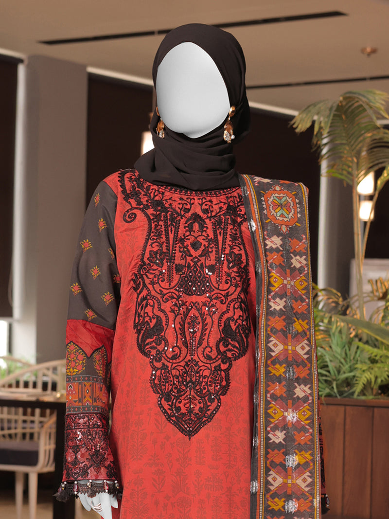 Black Embroidered 3Pc Stitched Suit | PLS-24-7585