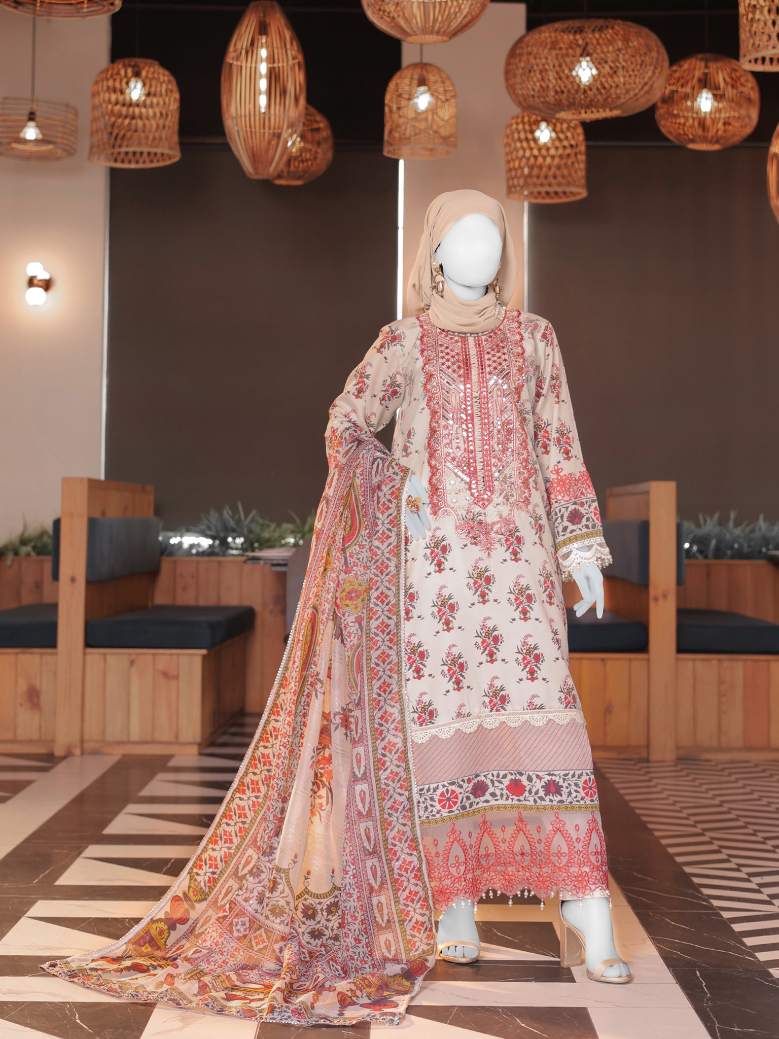 White Embroidered 3Pc Stitched Suit | PLS-24-7586