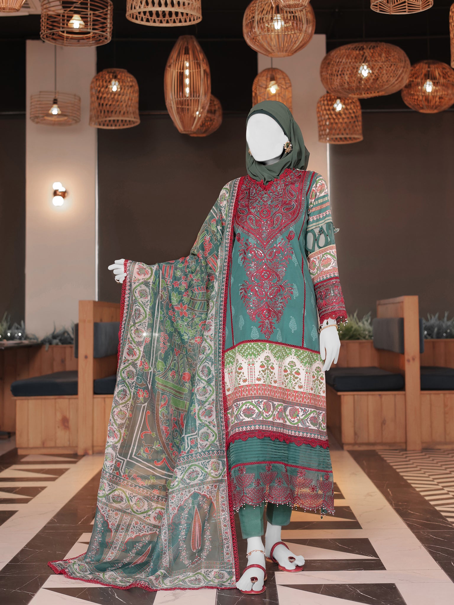 Green Embroidered 3Pc Stitched Suit | PLS-24-7587
