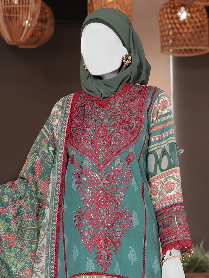 Green Embroidered 3Pc Stitched Suit | PLS-24-7587