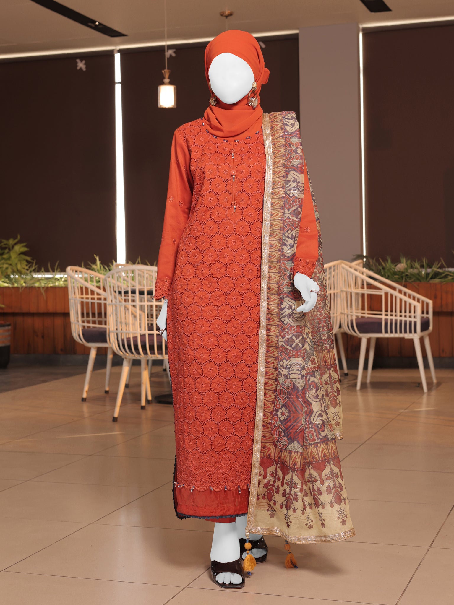 Rust Embroidered 3Pc Stitched Suit | PLS-24-7590