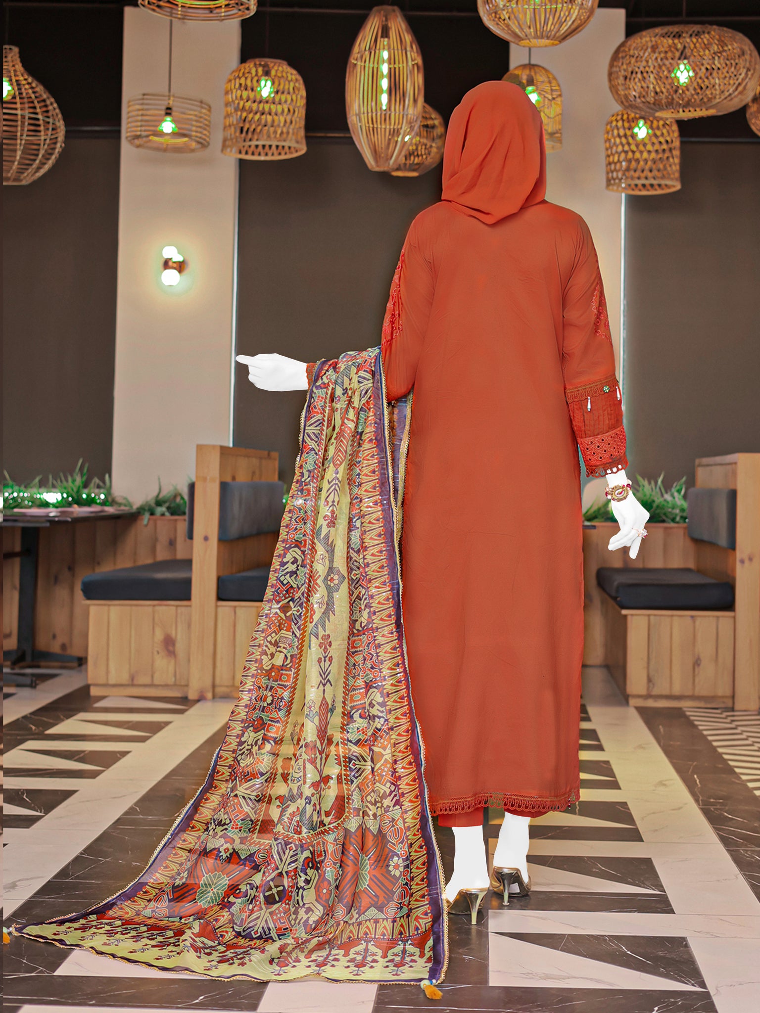 Rust Embroidered 3Pc Stitched Suit | PLS-24-7595