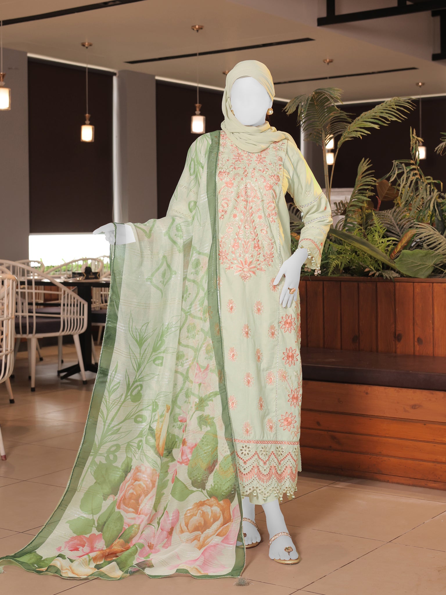 Green Embroidered 3Pc Stitched Suit | PLS-24-7598