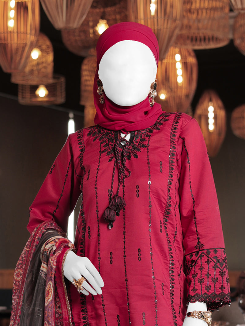Red Embroidered 3Pc Stitched Suit | PLS-24-7600