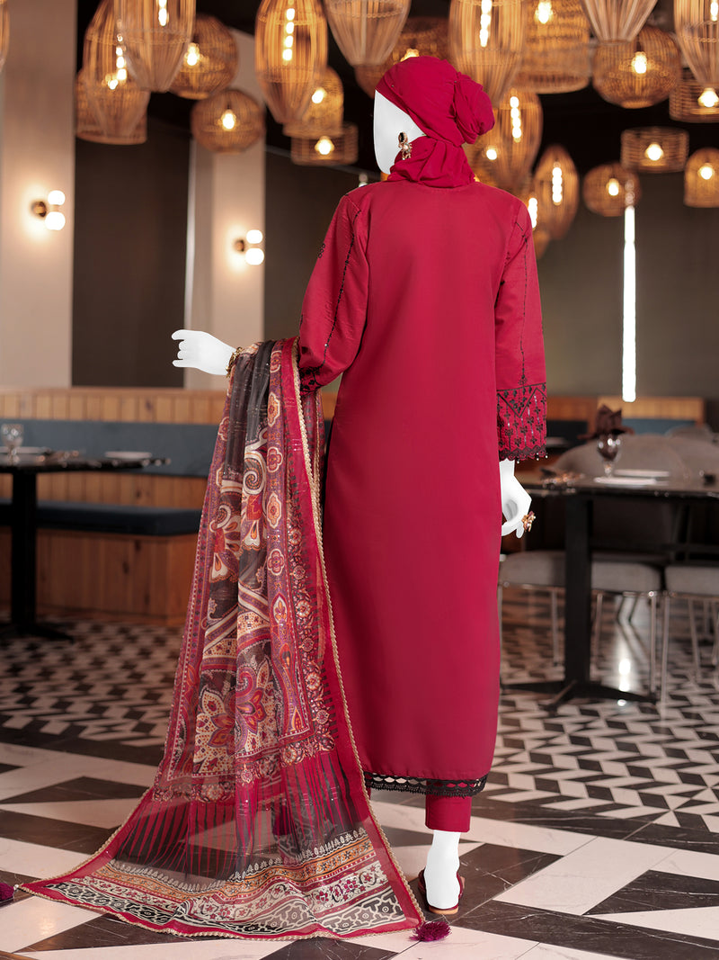 Red Embroidered 3Pc Stitched Suit | PLS-24-7600