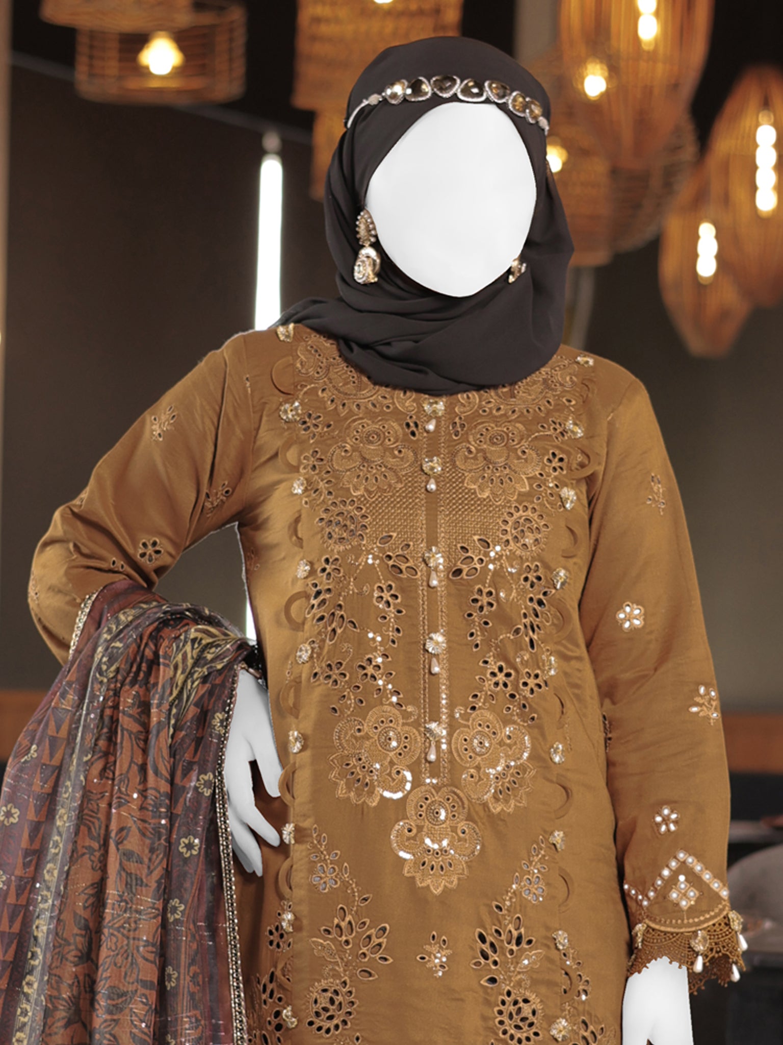 Brown Embroidered 3Pc Stitched Suit | PLS-24-7601