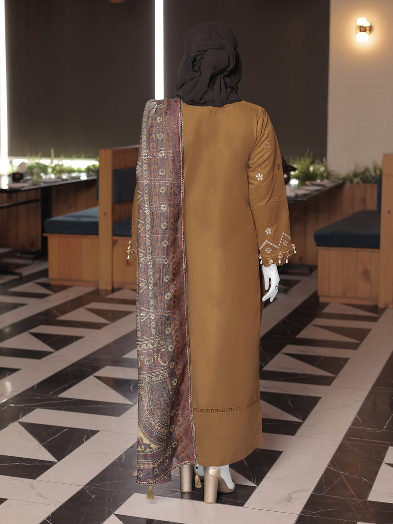 Brown Embroidered 3Pc Stitched Suit | PLS-24-7601