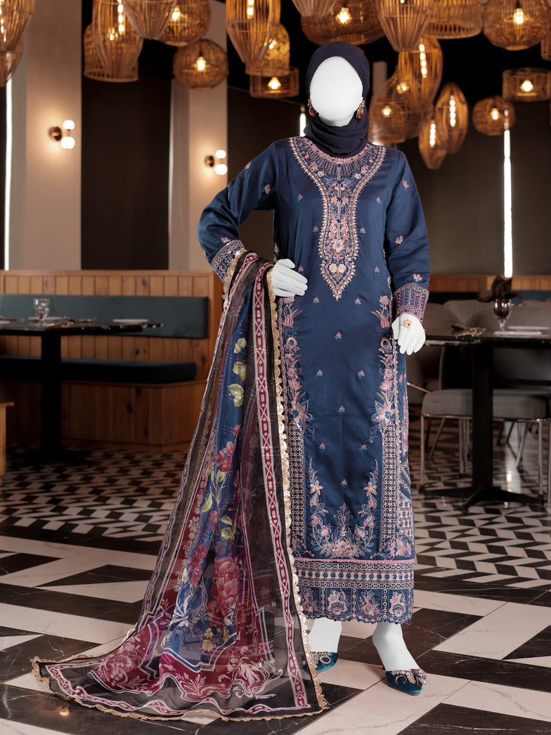 Blue Embroidered 3Pc Stitched Suit | PLS-24-7607