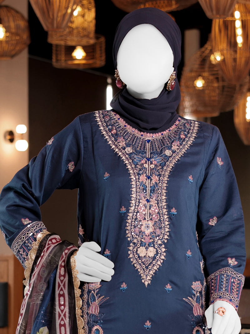 Blue Embroidered 3Pc Stitched Suit | PLS-24-7607