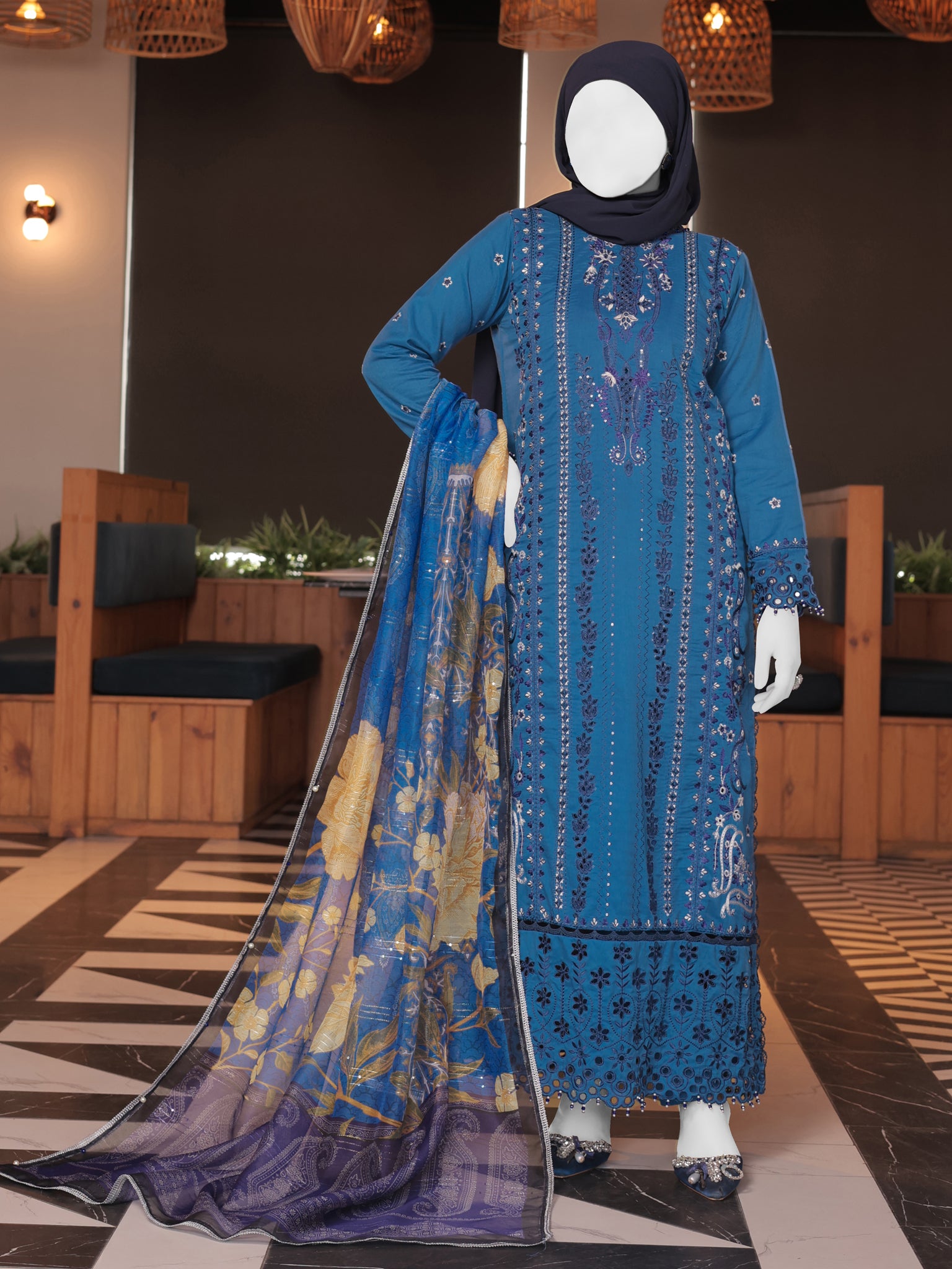 Blue Embroidered 3Pc Stitched Suit | PLS-24-7609