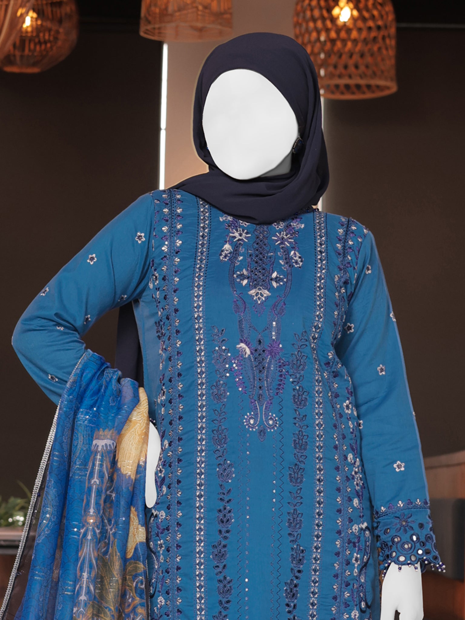 Blue Embroidered 3Pc Stitched Suit | PLS-24-7609