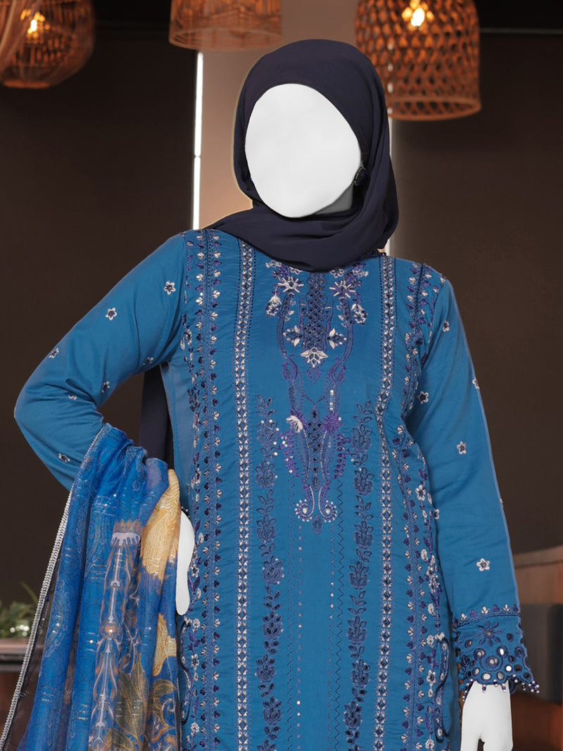 Blue Embroidered 3Pc Stitched Suit | PLS-24-7609
