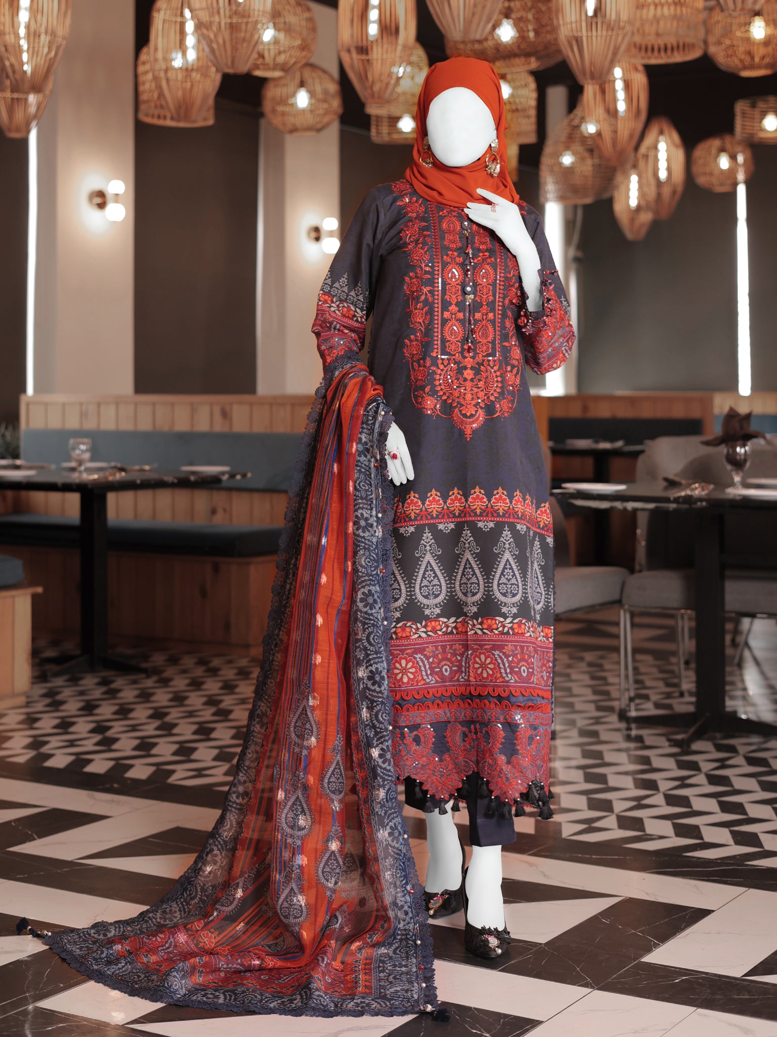 Blue Embroidered 3Pc Stitched Suit | PLS-24-7588