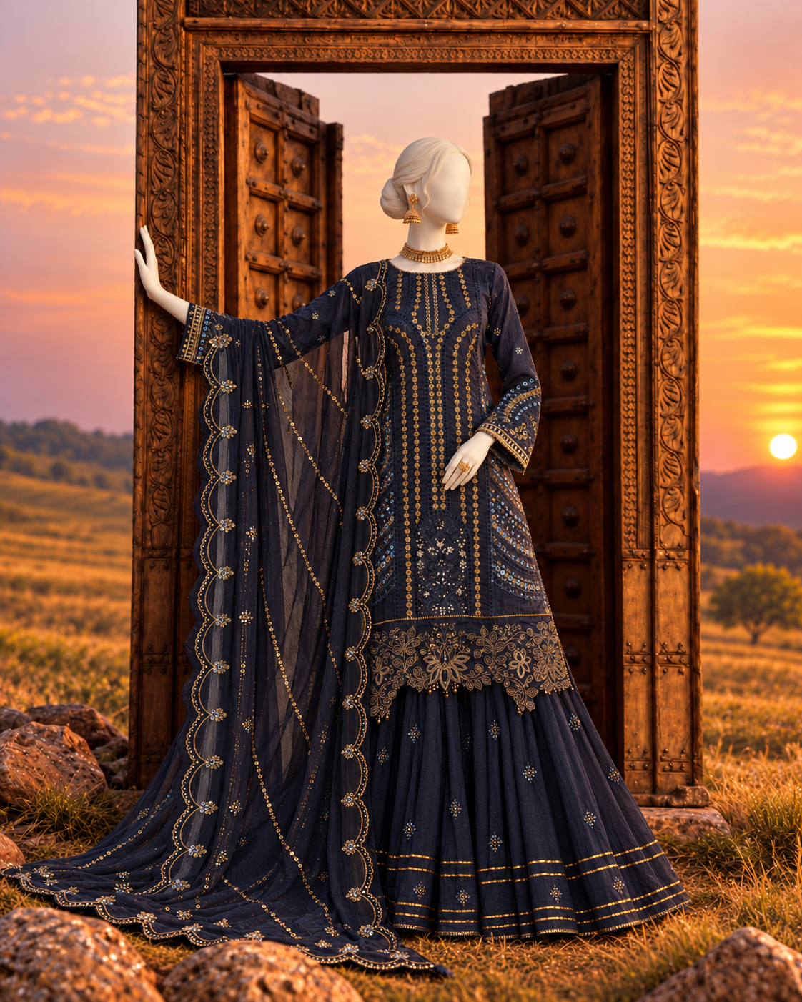 Navy Blue Organza Shirt Rang-e-Sahar 3Pc Unstitched Suit | PJLUXU-251037