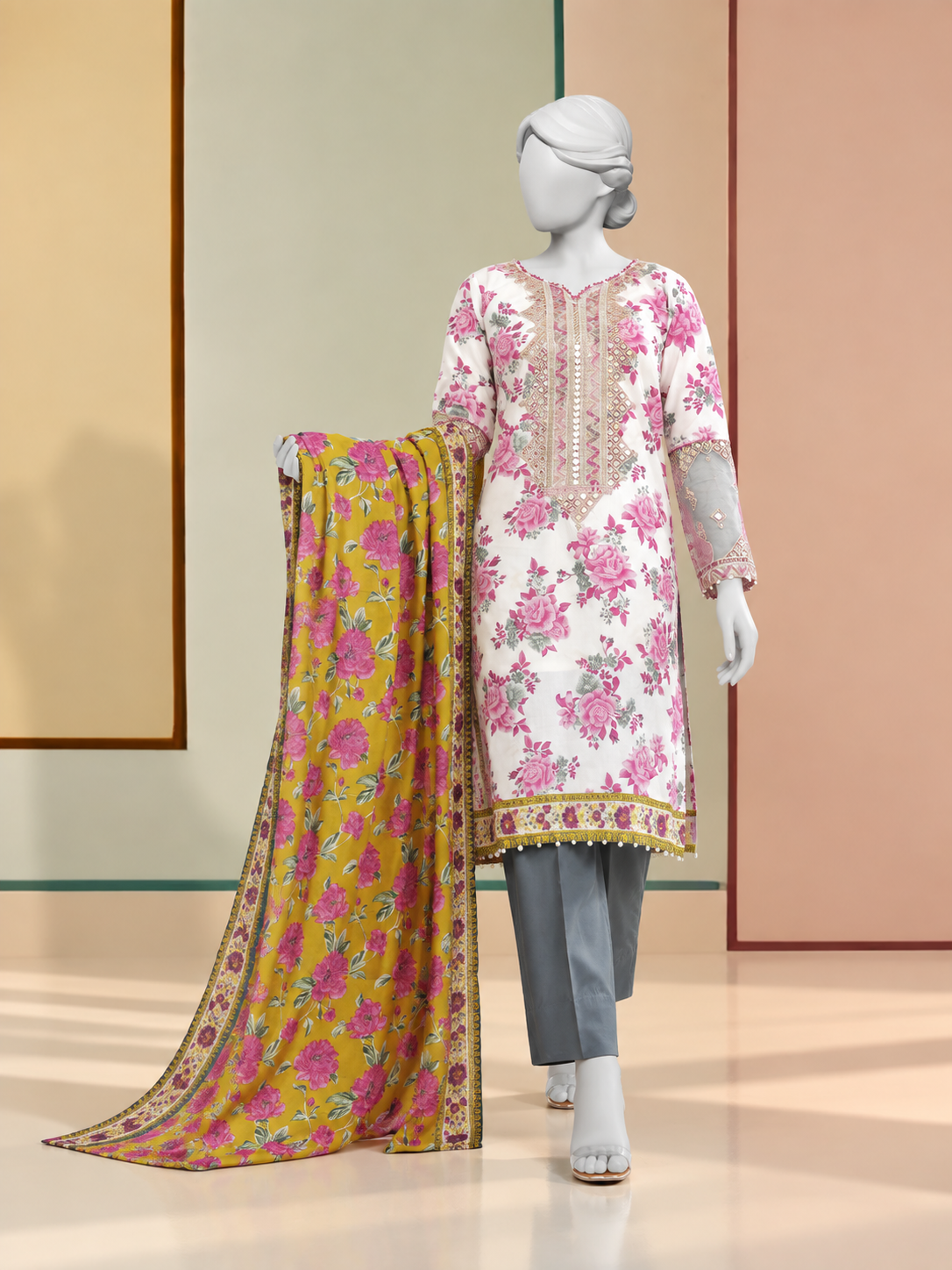 3Pc Stitched Lawn Embroidered Suit | PLS-24-1278A