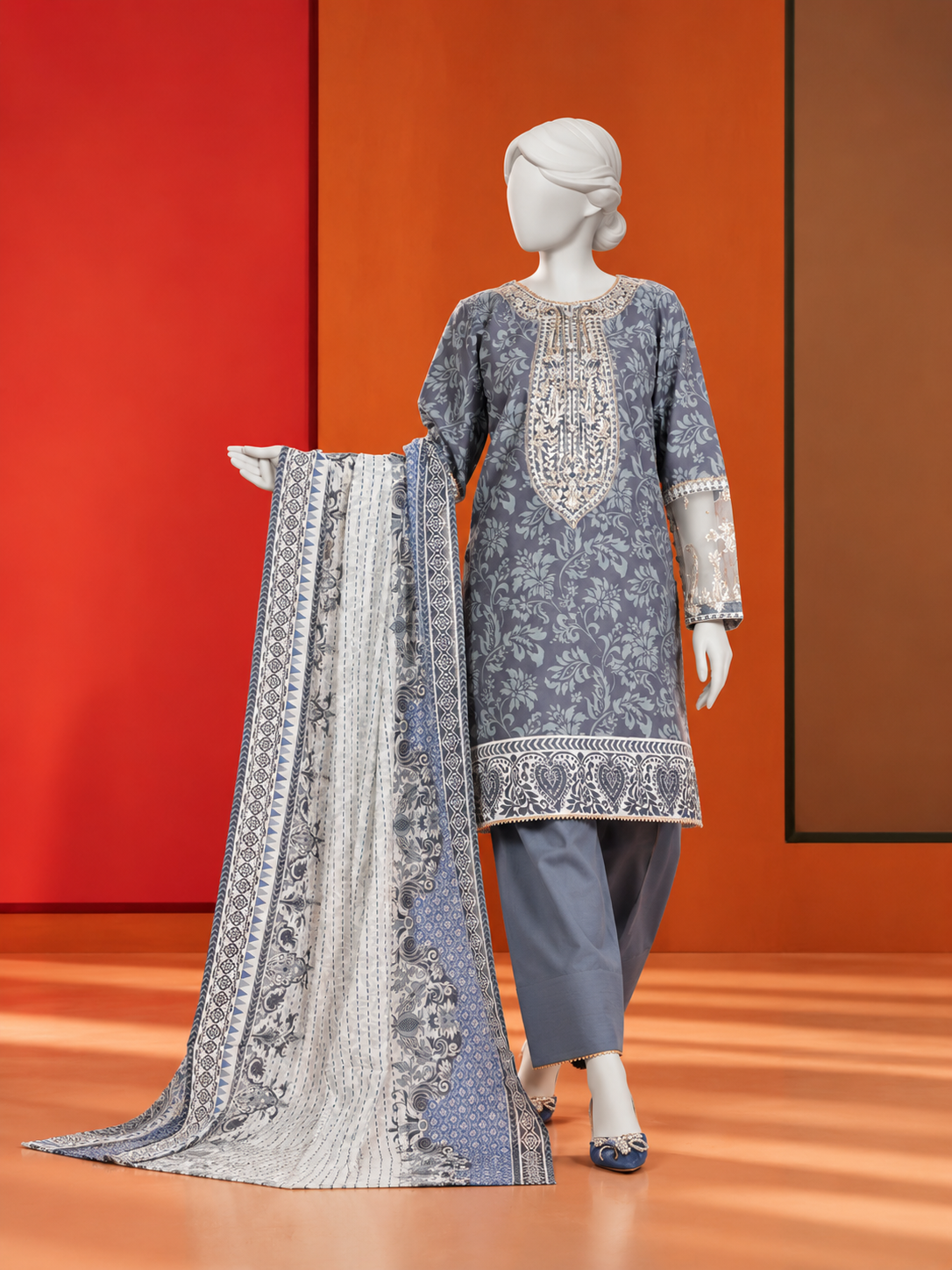 3Pc Stitched Lawn Embroidered Suit | PLS-24-1270A