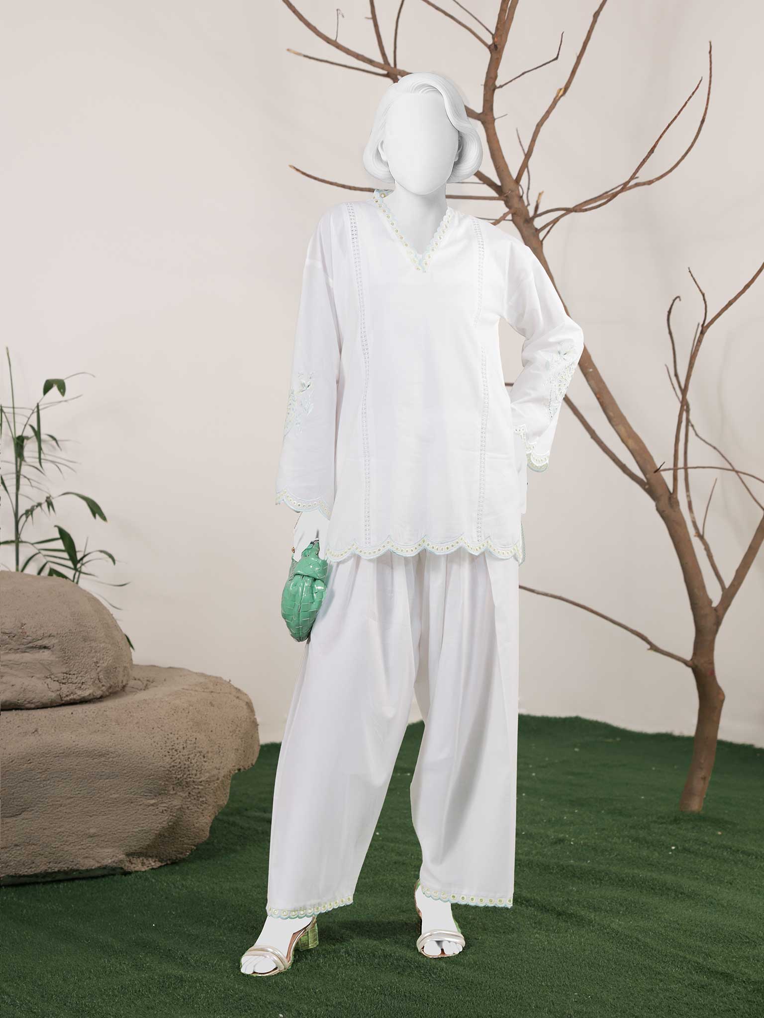2Pc Stitched Imported Cotton Embroidered  Suit | PJ-AZW-03