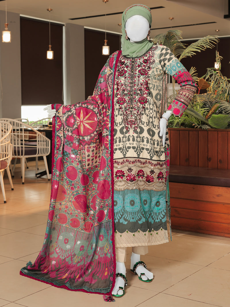 Green Embroidered 3Pc Unstitched Suit | PJ-ESSU-24-0703