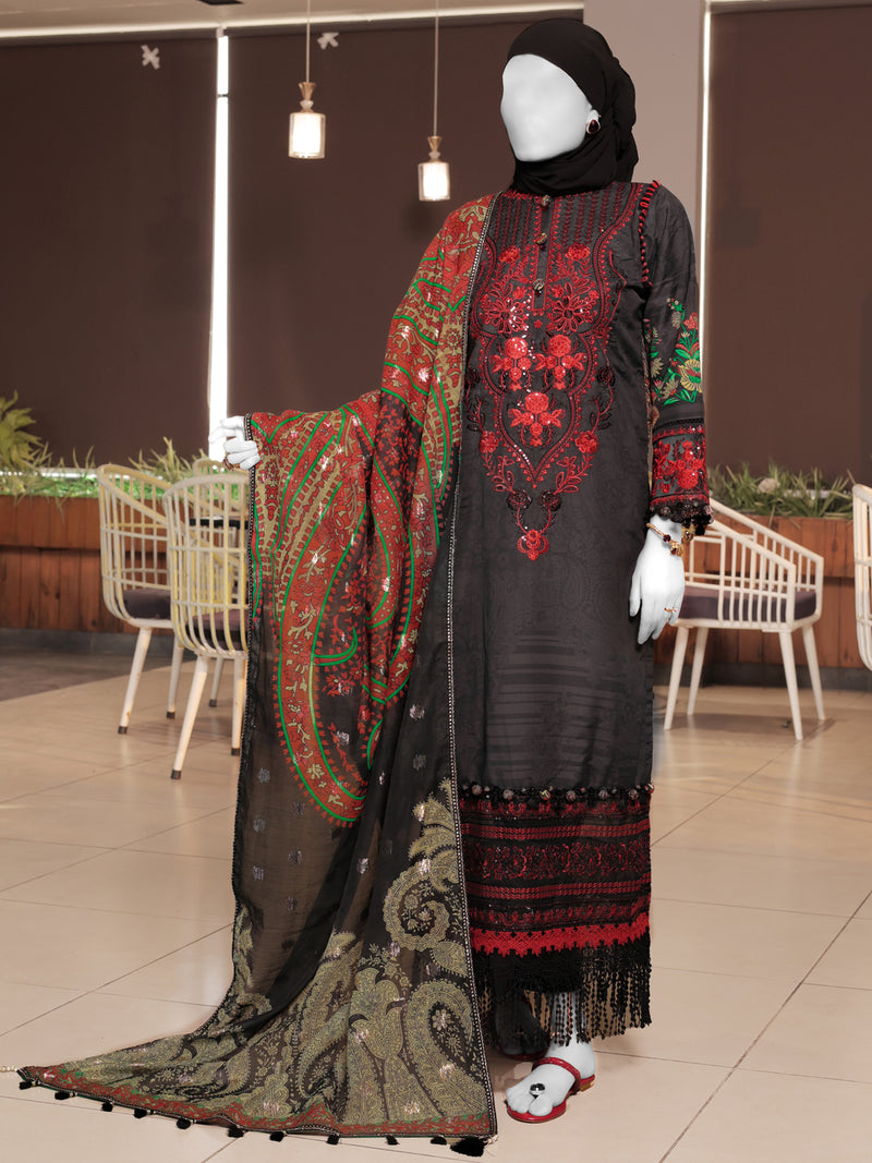 Black Embroidered 3Pc Unstitched Suit | PJ-ESSU-24-0704