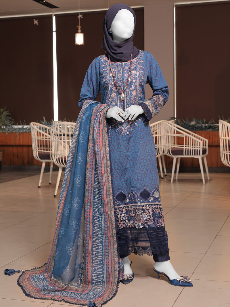 Blue Embroidered 3Pc Unstitched Suit | PJ-ESSU-24-0705