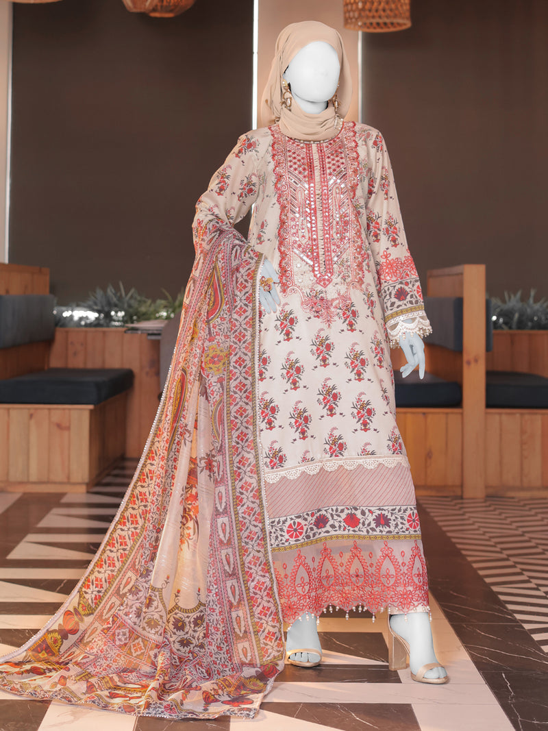 White Embroidered 3Pc Unstitched Suit | PJ-ESSU-24-0707