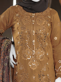 Brown Embroidered 3Pc Unstitched Suit | PJ-ESSU-24-0715