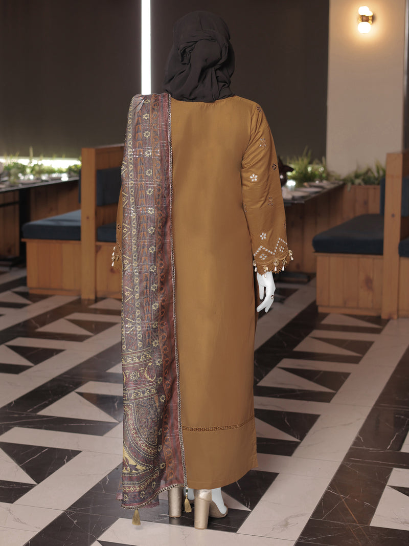 Brown Embroidered 3Pc Unstitched Suit | PJ-ESSU-24-0715