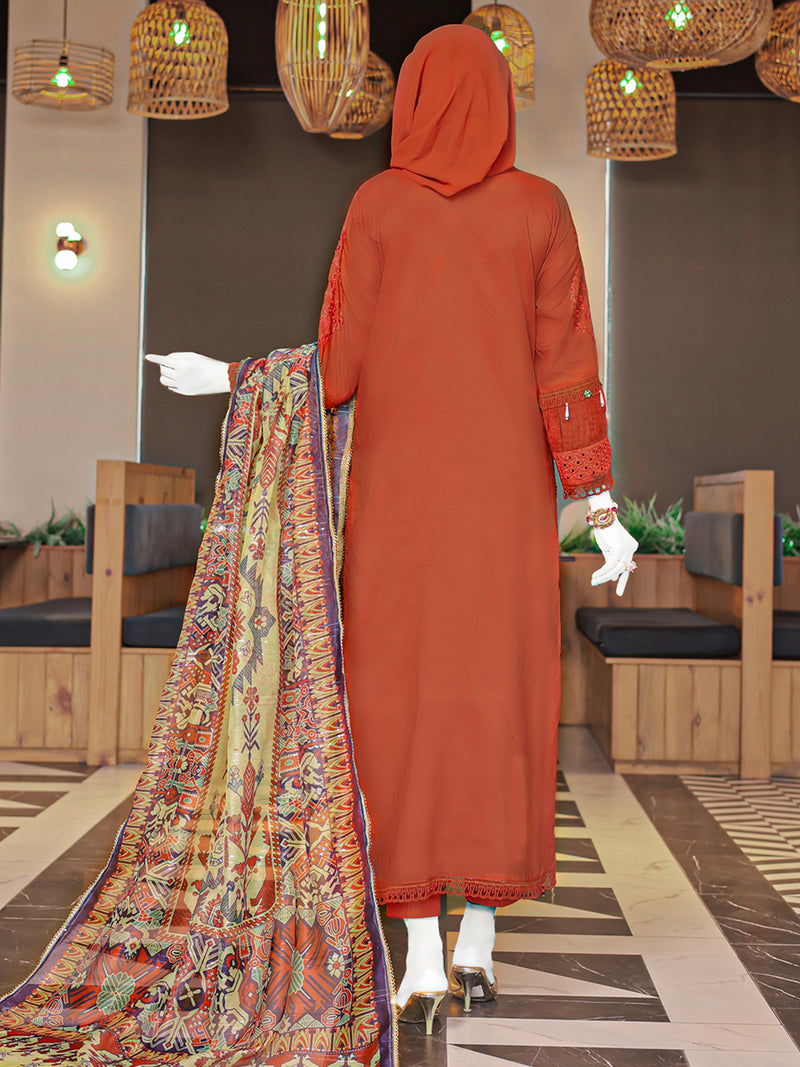 Rust Embroidered 3Pc Unstitched Suit | PJ-ESSU-24-0717