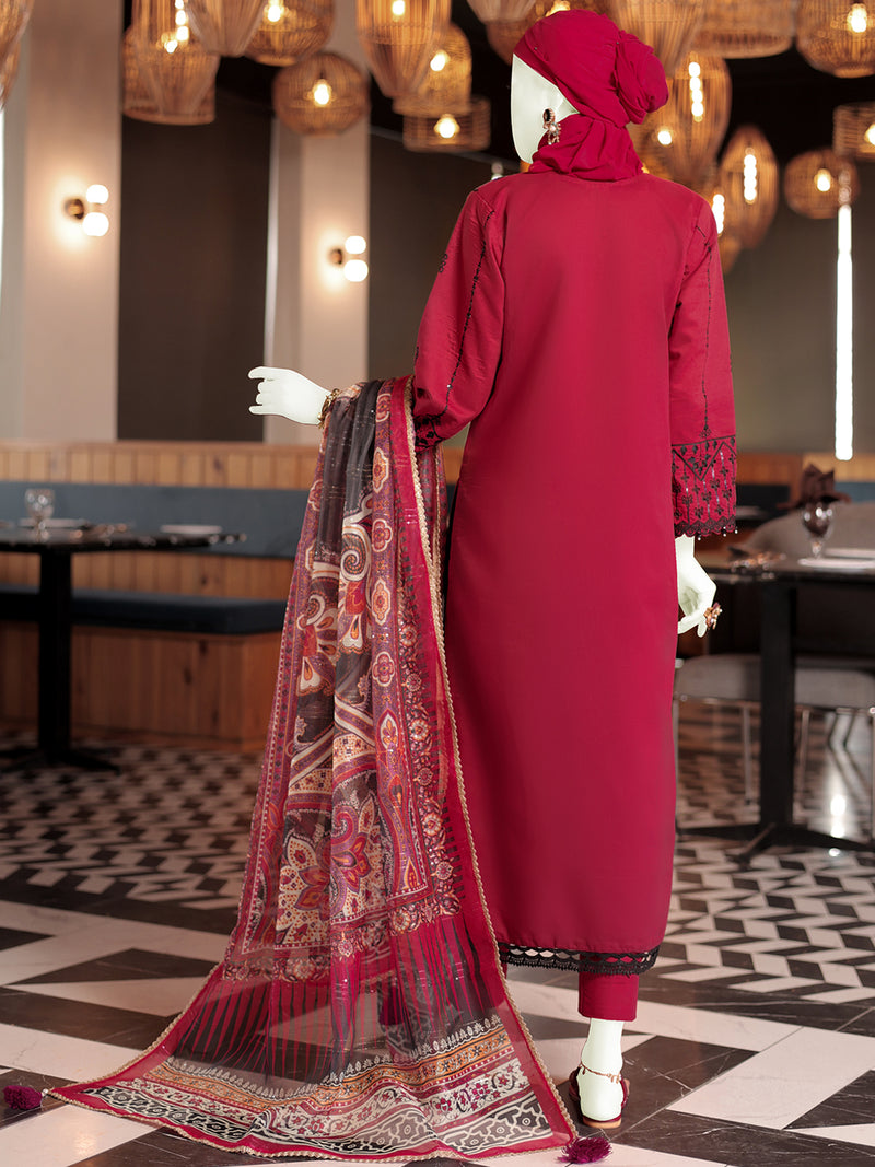 Red Embroidered 3Pc Unstitched Suit | PJ-ESSU-24-0719