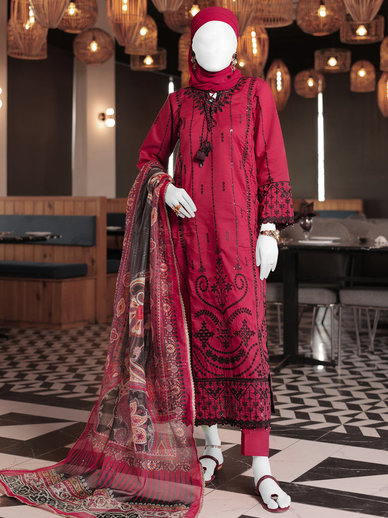 Red Embroidered 3Pc Unstitched Suit | PJ-ESSU-24-0719