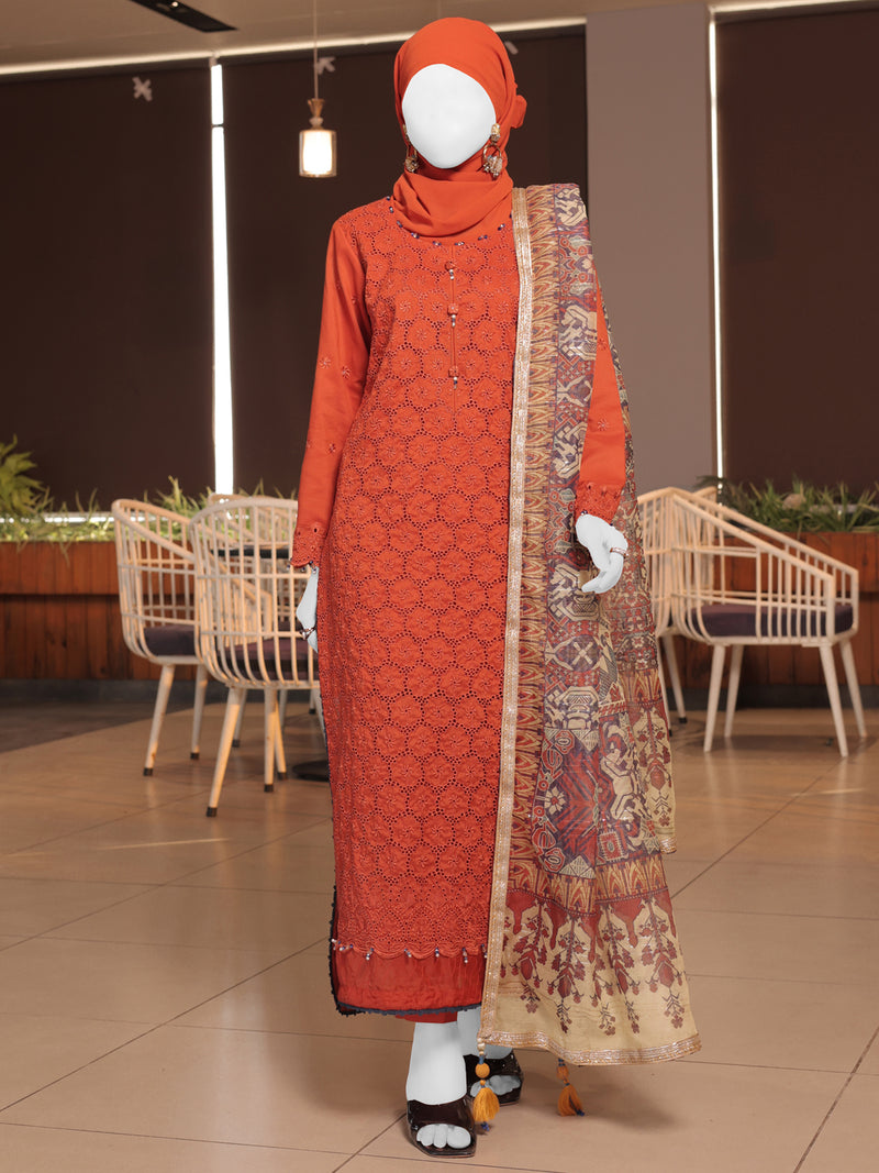 Rust Embroidered 3Pc Unstitched Suit | PJ-ESSU-24-0721