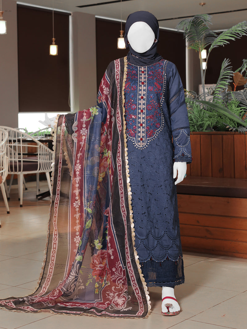 Blue Embroidered 3Pc Unstitched Suit | PJ-ESSU-24-0722