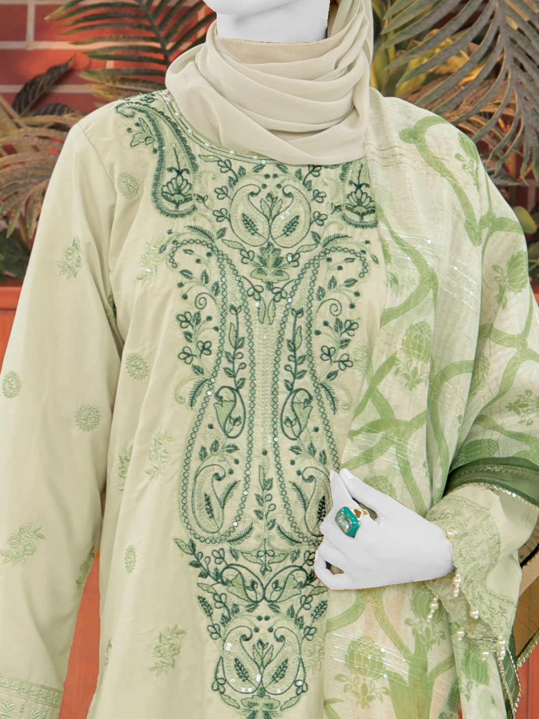 Green Embroidered 3Pc Unstitched Suit | PJ-ESSU-24-0727