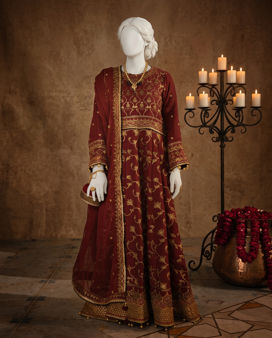 Red Chiffon Embroidered 3Pc Unstitched Suit | PJ-LUX-U-24-0707