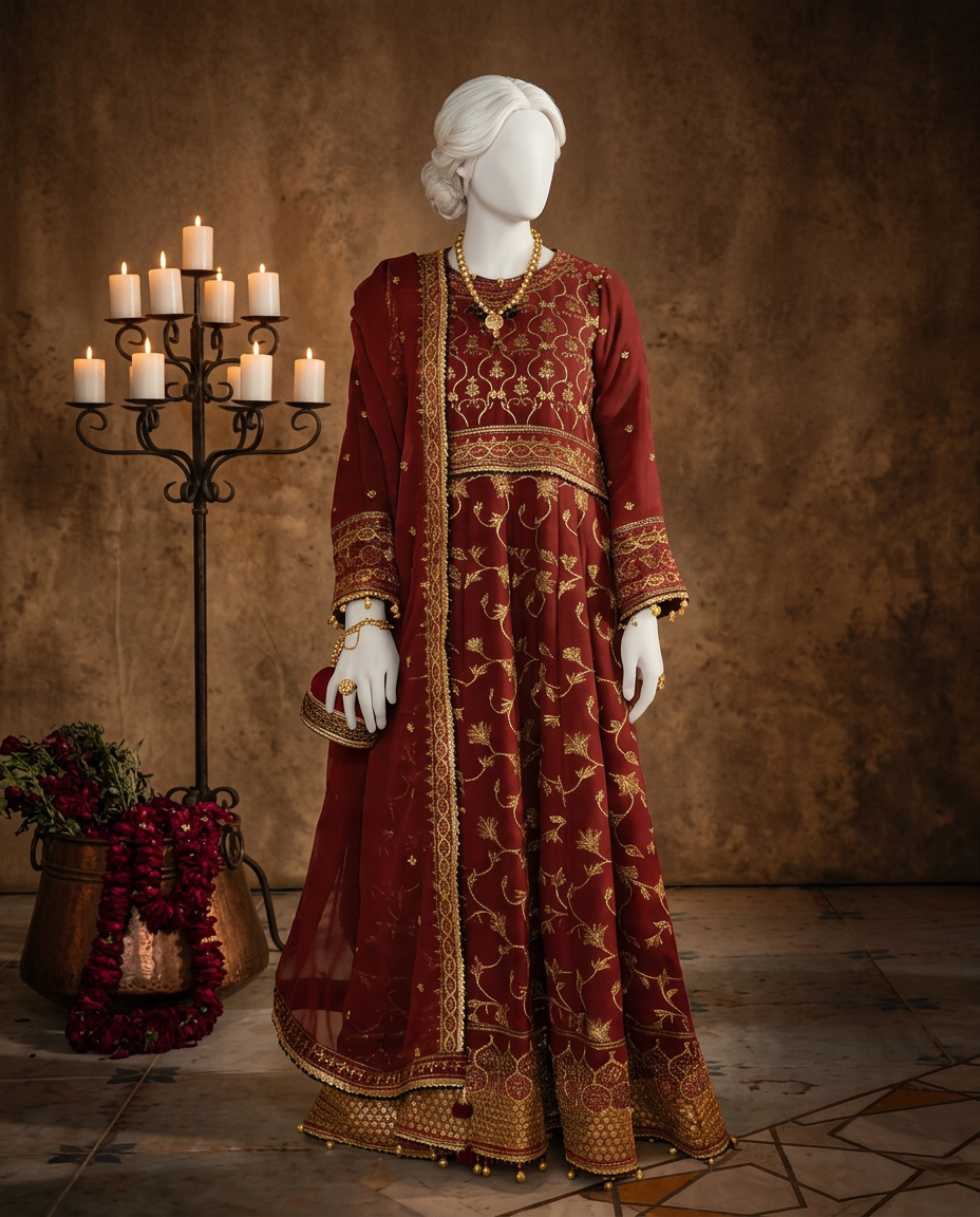 Red Chiffon Embroidered 3Pc Unstitched Suit | PJ-LUX-U-24-0707